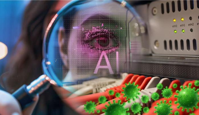 Frau betrachtet Netzwerkstecker mit Lupe