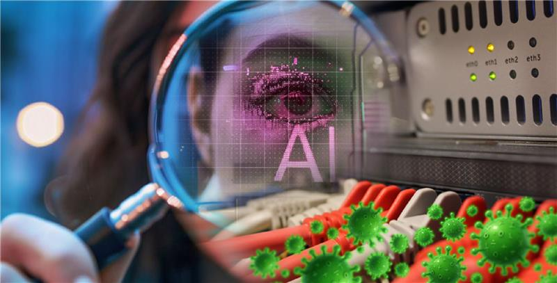 Frau betrachtet Netzwerkstecker mit Lupe